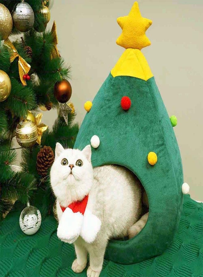 Ushang Pet أسرة قطط مزينة بزينة عيد الميلاد، بيت قطط على شكل شجرة عيد الميلاد، كهف سرير قطط داخلي محمول على شكل إيغلو للكلاب الصغيرة والحيوانات الصغيرة، أخضر - Image 2