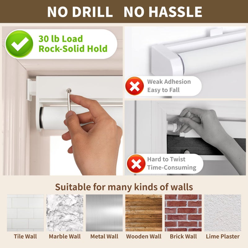 HESTIA No Drill Cordless Blackout Roller Shades Screwless Waterproof Shower Window Blinds, Auto-Retraction Easy Install Blind for Bathroom/Kitchen/Office/Exterior, White, 22" W x 54" H - Image 3