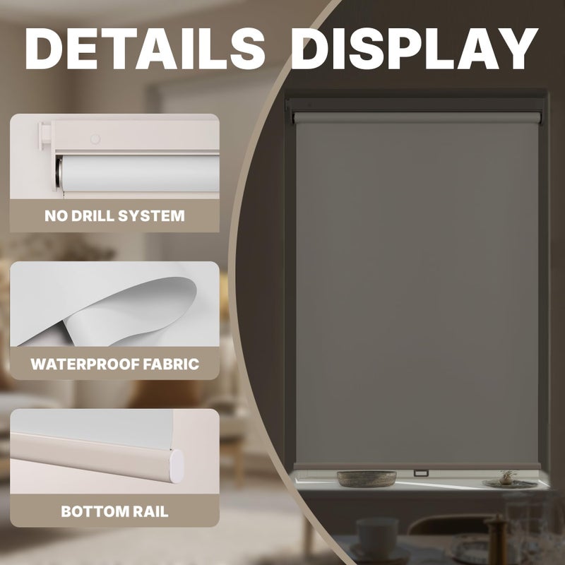 HESTIA No Drill Cordless Blackout Roller Shades Screwless Waterproof Shower Window Blinds, Auto-Retraction Easy Install Blind for Bathroom/Kitchen/Office/Exterior, White, 22" W x 54" H - Image 2