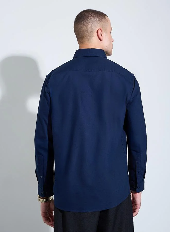 Styli Navy Blue Men Navy Blue Solid Regular Fit Oxford Shirt for Men | Best Price UAE