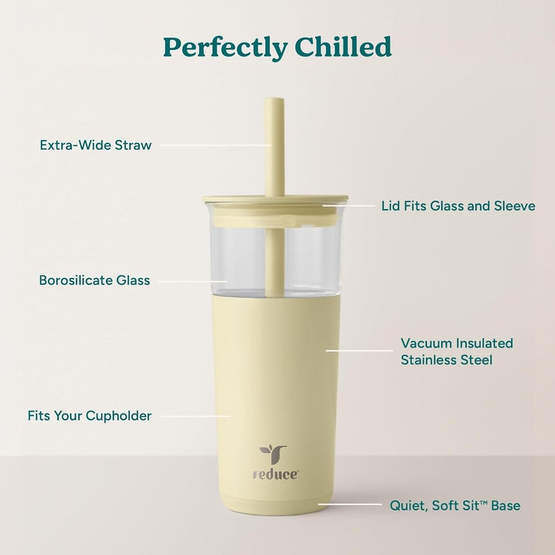Reduce Aspen 20 oz Vacuum Insulated Glass Tumbler with Lid & Extra Wide Straw - Keeps Drinks Cold for 12 Hrs - Ideal for Iced Coffee, Smoothies & Boba - Dishwasher Safe, Soft Base - French Vanilla - Image 2