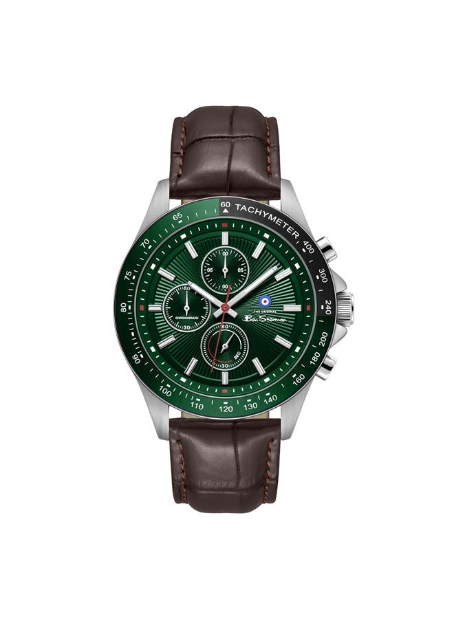 Ben Sherman Winchester Green Dial Brown Genuine Leather Strap Chronograph Watch for Men, 43.2mm - Image 1