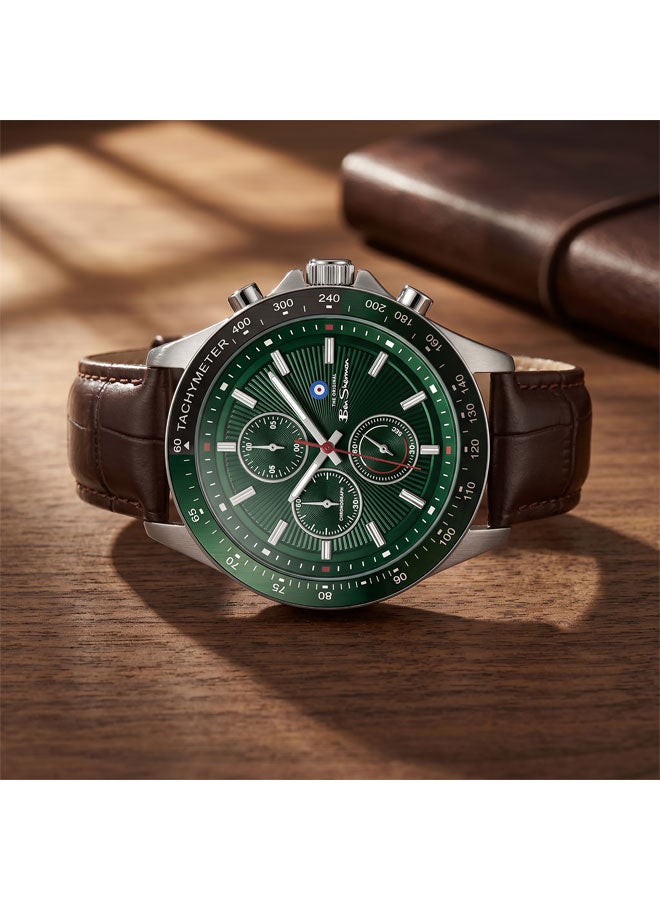 Ben Sherman Winchester Green Dial Brown Genuine Leather Strap Chronograph Watch for Men, 43.2mm - Image 4