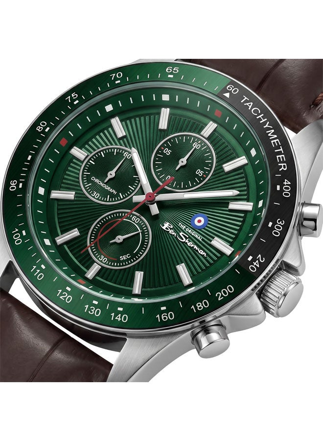 Ben Sherman Winchester Green Dial Brown Genuine Leather Strap Chronograph Watch for Men, 43.2mm - Image 2