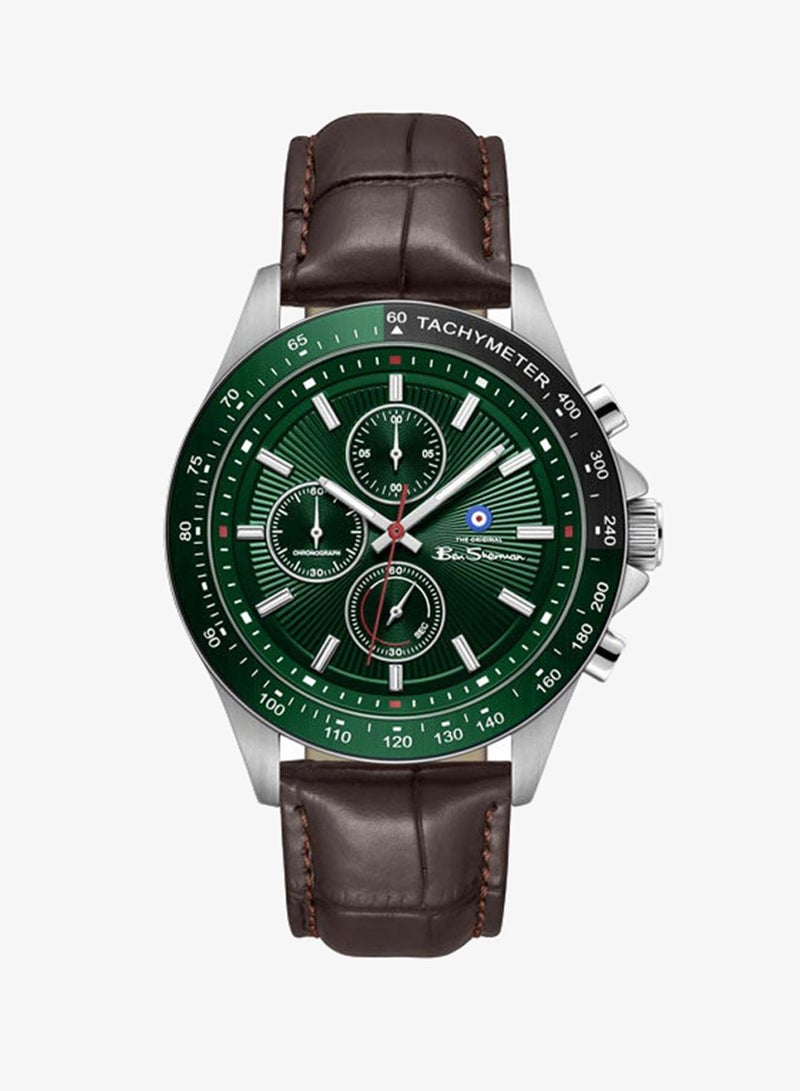 Ben Sherman Winchester Green Dial Brown Genuine Leather Strap Chronograph Watch for Men, 43.2mm - Image 1