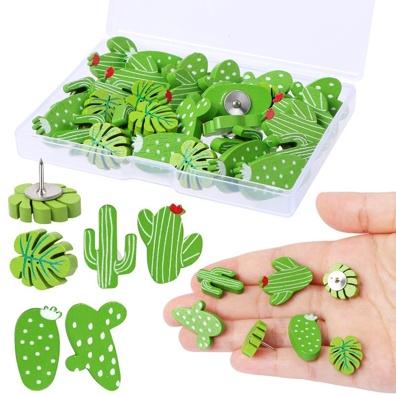 MIKIMIQI 30 Pcs Cactus Push Pins Wooden Cactus Plants Push Pins Decorative Cute Leaf Thumb Tacks Cork Board Thumbtacks for Bulletin Board Photos Wall Pins Office Decors Office Supplies with Box