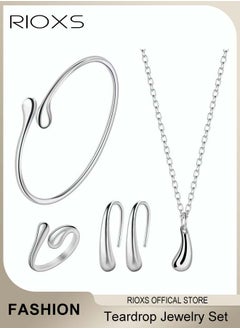RIOXS 4Pcs Teardrop Jewelry Set Silver Pendant Necklace Earring Bracelet and Ring Gifts for Women and Girls  - Image 1
