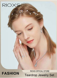 RIOXS 4Pcs Teardrop Jewelry Set Silver Pendant Necklace Earring Bracelet and Ring Gifts for Women and Girls  - Image 3