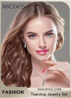 RIOXS 4Pcs Teardrop Jewelry Set Silver Pendant Necklace Earring Bracelet and Ring Gifts for Women and Girls  - Image 2