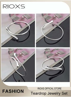 RIOXS 4Pcs Teardrop Jewelry Set Silver Pendant Necklace Earring Bracelet and Ring Gifts for Women and Girls  - Image 5