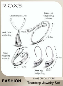 RIOXS 4Pcs Teardrop Jewelry Set Silver Pendant Necklace Earring Bracelet and Ring Gifts for Women and Girls  - Image 4
