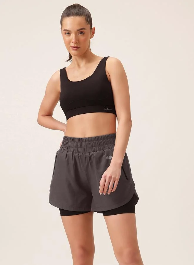 Clovia  Dark Grey Solid Running Shorts With Zip Pockets for Women | Best Price UAE