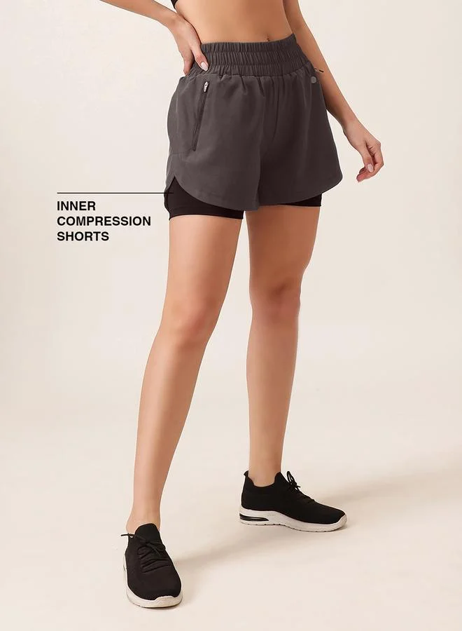 كلوفيا Dark Grey Solid Running Shorts With Zip Pockets