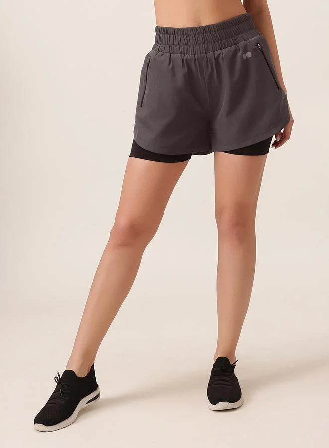 Clovia  Dark Grey Solid Running Shorts With Zip Pockets for Women | Best Price UAE
