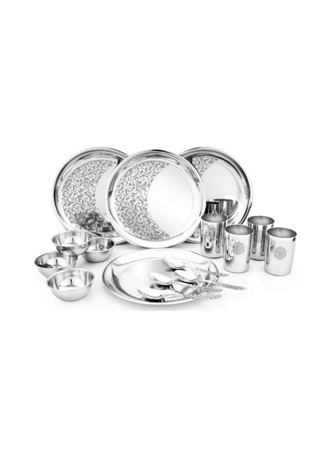 Shri & Sam Designer Stainless Steel Leaves Delight Laser Bloom Dinner Set, 16 Pieces - Image 1