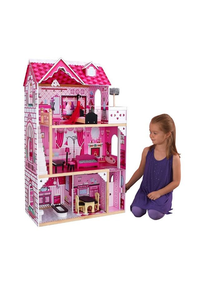 JSAITOYS Wooden Doll House Toys Role Pretend Playing Girl Pink Wooden Dollhouse Toy For Kids - Image 1