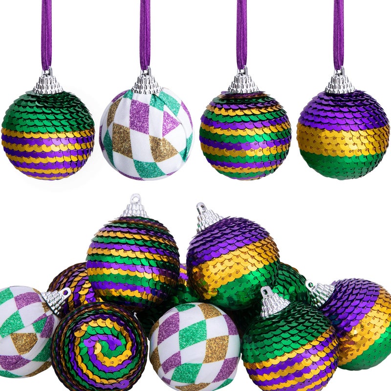 LFUTARI 12pcs Mardi Gras Ball Ornaments 1.96"" Shatterproof Mardi Gras Sequin Hanging Balls Decoration for New Orleans Masquerade Party Favors - Image 1