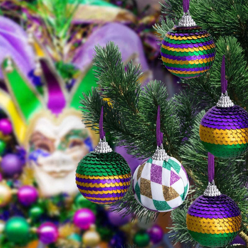 LFUTARI 12pcs Mardi Gras Ball Ornaments 1.96"" Shatterproof Mardi Gras Sequin Hanging Balls Decoration for New Orleans Masquerade Party Favors - Image 4