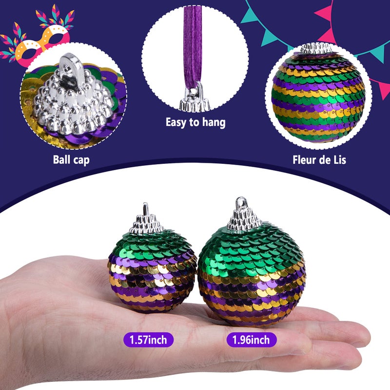 LFUTARI 12pcs Mardi Gras Ball Ornaments 1.96"" Shatterproof Mardi Gras Sequin Hanging Balls Decoration for New Orleans Masquerade Party Favors - Image 3