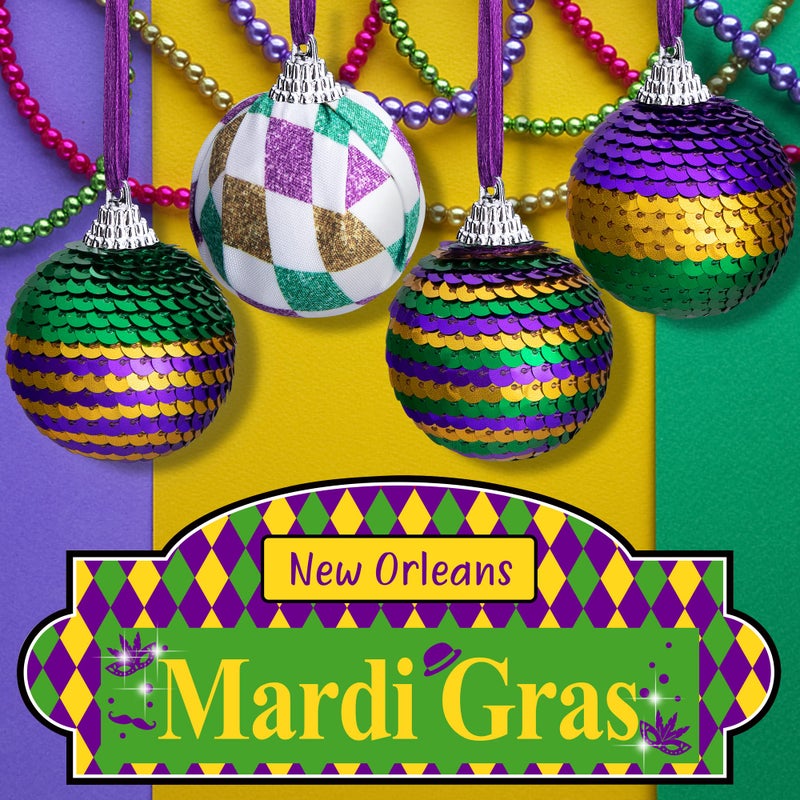 LFUTARI 12pcs Mardi Gras Ball Ornaments 1.96"" Shatterproof Mardi Gras Sequin Hanging Balls Decoration for New Orleans Masquerade Party Favors - Image 5