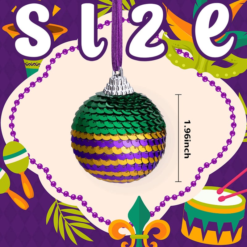 LFUTARI 12pcs Mardi Gras Ball Ornaments 1.96"" Shatterproof Mardi Gras Sequin Hanging Balls Decoration for New Orleans Masquerade Party Favors - Image 2