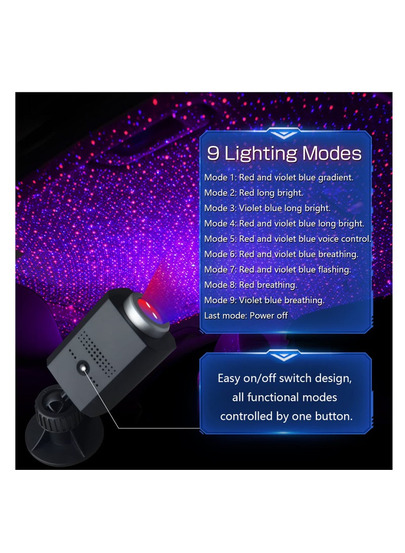 SYOSI USB Star Projector Night Light, 3 Colors 9 Lighting Modes, Portable Adjustable Romantic Car Interior Lights, 360 Degree Rotation, USB Car Roof Light Decor for Bedroom Party Ceiling (Blue & Red) - Image 2