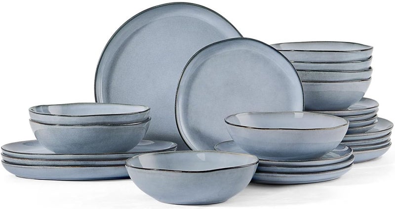 Herogo 24 Piece Dinnerware Dishes Sets for 8 Stoneware Plates and Bowls Dinner Set Irregular Handmade Dishware Tableware for Home Kitchen Microwave  Dishwasher Safe Smoky Blue - Image 1
