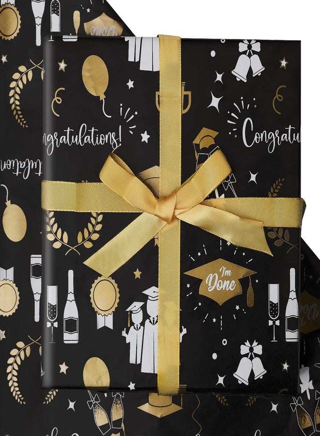 NEPOG 2026 Graduation Gift Wrapping Papers, 6 Sheets Black and Gold Gift Wrap Papers, 20 x 28 inch per sheet Folded Paper with 1 Roll Gold Ribbon for Graduation Party Gift Wrap DIY Craft - Image 1