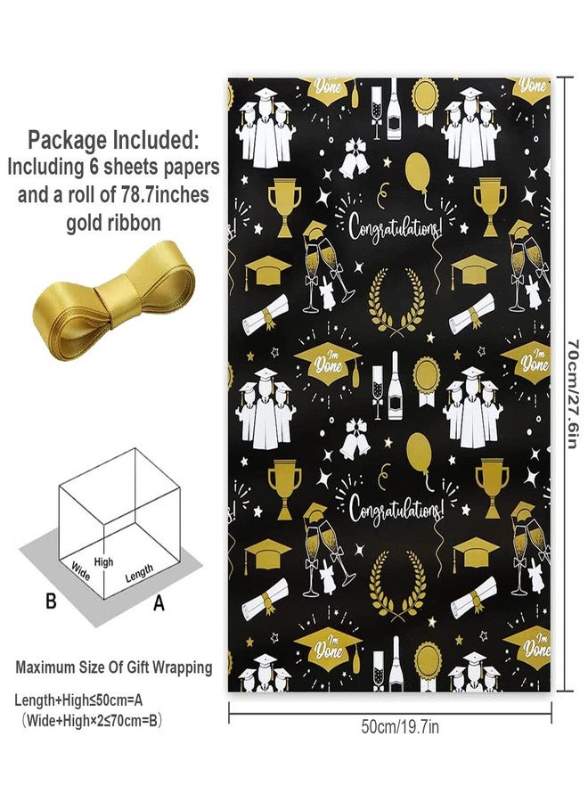 NEPOG 2026 Graduation Gift Wrapping Papers, 6 Sheets Black and Gold Gift Wrap Papers, 20 x 28 inch per sheet Folded Paper with 1 Roll Gold Ribbon for Graduation Party Gift Wrap DIY Craft - Image 2