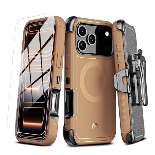 M MYBAT PRO for iPhone 17 Pro Case with Belt Clip Holster,[Compatible with Magsafe] w/Screen Protector,Anti-Drop,Shockproof,w 360°Rotating Kickstand,Heavy Duty Protection (Brown) - Image 1