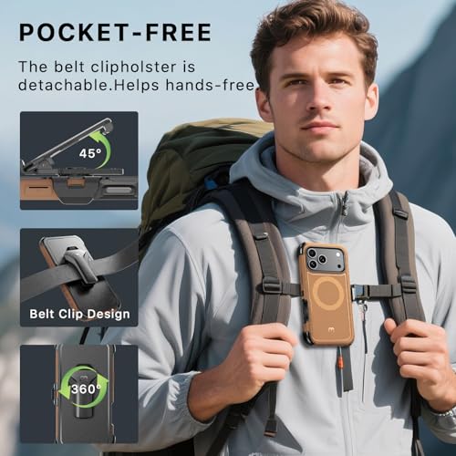M MYBAT PRO for iPhone 17 Pro Case with Belt Clip Holster,[Compatible with Magsafe] w/Screen Protector,Anti-Drop,Shockproof,w 360°Rotating Kickstand,Heavy Duty Protection (Brown) - Image 4
