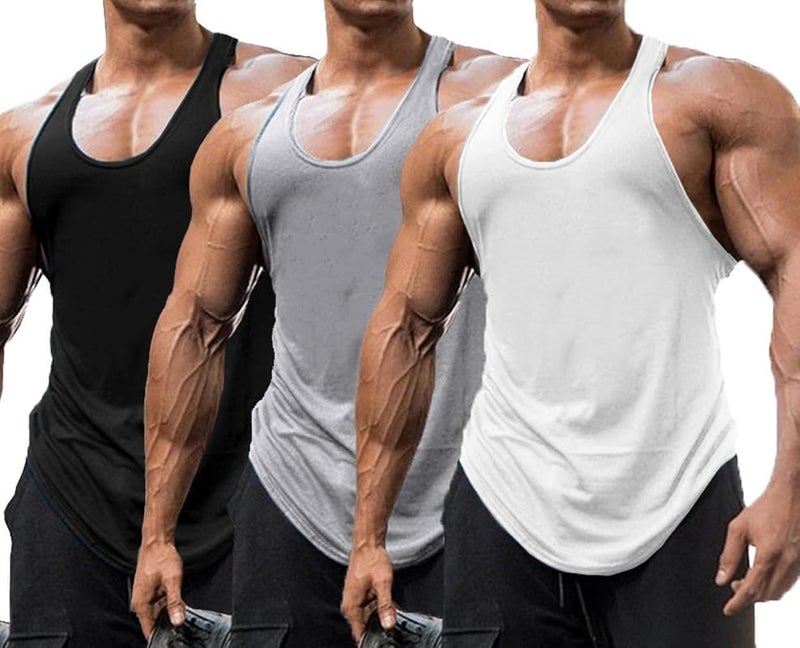 THE BLAZZE Men Cotton Blend Regular Fit Tank Tops Muscle Gym Bodybuilding Vest Fitness Workout Train Stringers L2629 0001 (M, BLK_Gry_WHT), Grey - Image 3
