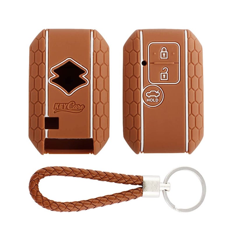 KCARE Silicone Key Cover for Suzuki Victoris, Ertiga, Swift, DZire 3 Button Smart Key with KC Mini (KC Mini Brown Keyring) - Image 1