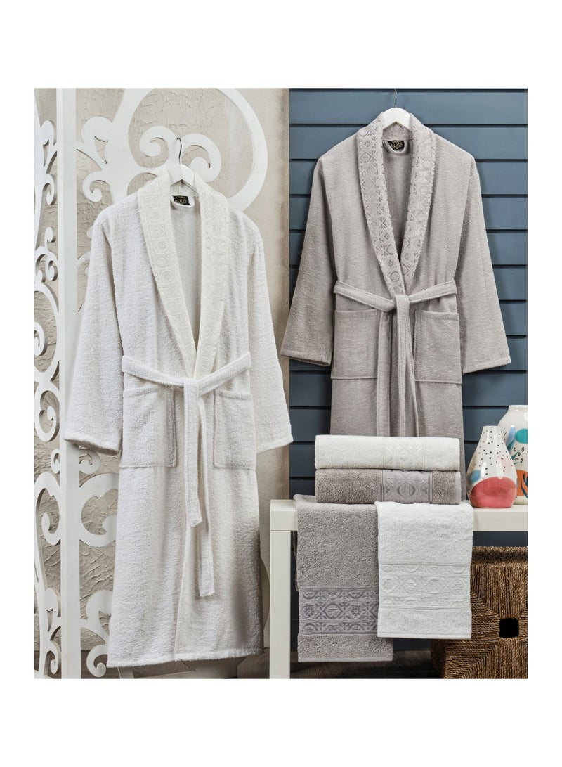 Villa Paris 6-Piece Turkish Terry Cotton Jacquard Family Bathrobe Set 420 GSM with Matching Bath Towels and Hand Towels in Gift Box Grey/Off White 