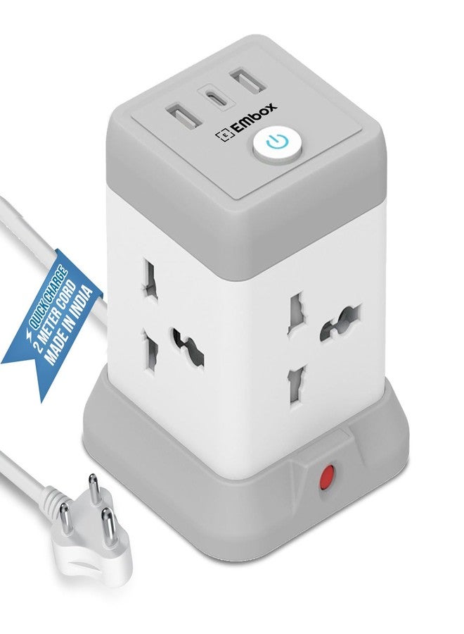 EMBOX لوحة تمديد EMBOX Cube مزودة بمنفذ USB من النوع C (2.4 أمبير) (شحن سريع 3.0) | لوحة تمديد شديدة التحمل بقدرة 2500 واط مزودة بمفاتيح | سلك تمديد مزود بمقابس عالمية، وغطاء أمان، وحماية من الحمل الزائد، بطول مترين - Image 1
