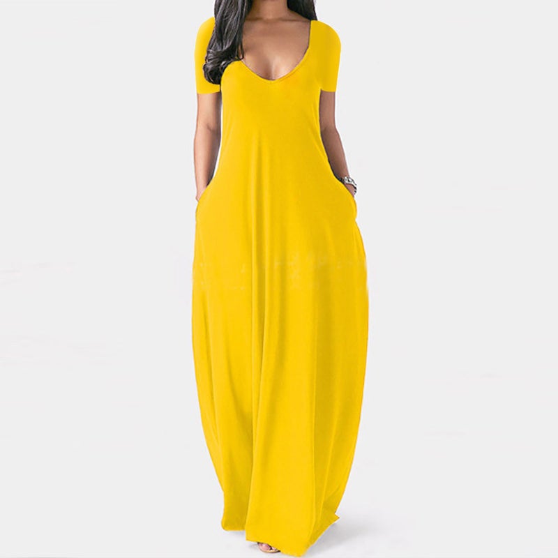 Plus Size Women's Solid V-Neck Short Sleeve Long Dress with Pockets - Image 4