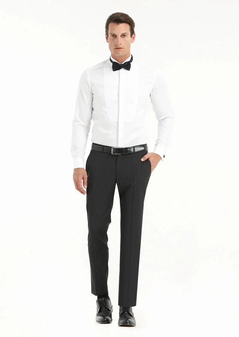 RAMSEY White Plain Regular Fit Double Cuff Wing Collar Tuxedo Shirts