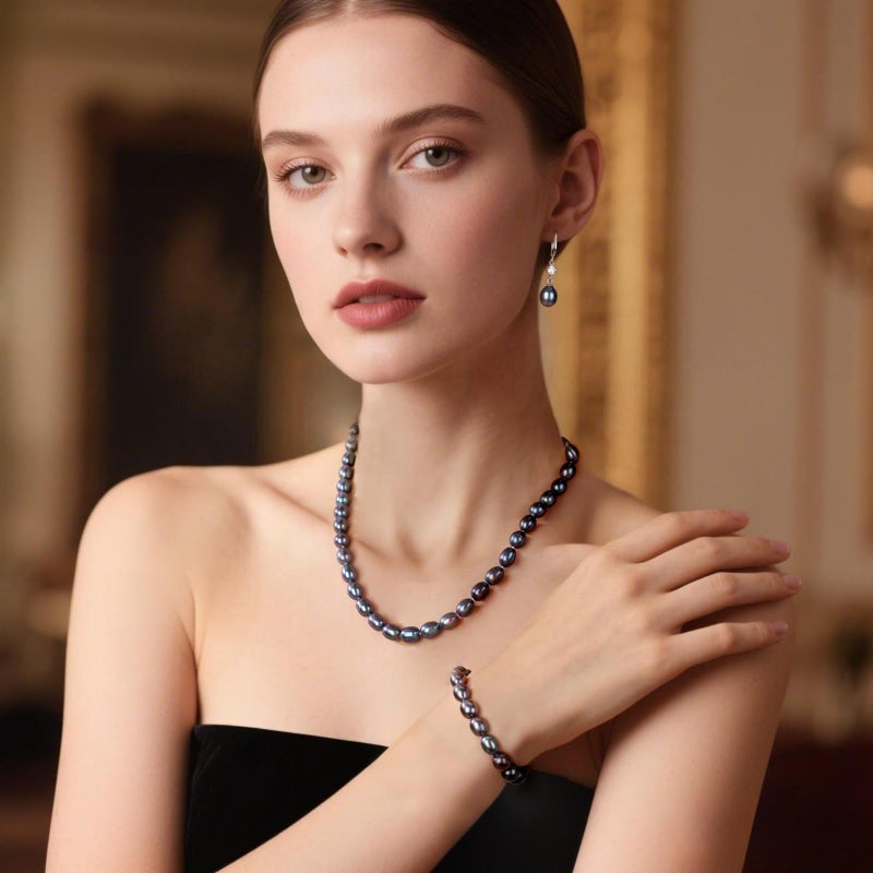 YAMI Tahitian Black Pearl Jewelry Set - Pearl Necklace Drop Earrings Bracelet with 925 Sterling Silver | 7-8mm Elegant Mother's Day Jewelry Gift for Women | Valentine's Day Birthday Anniversary - Image 2