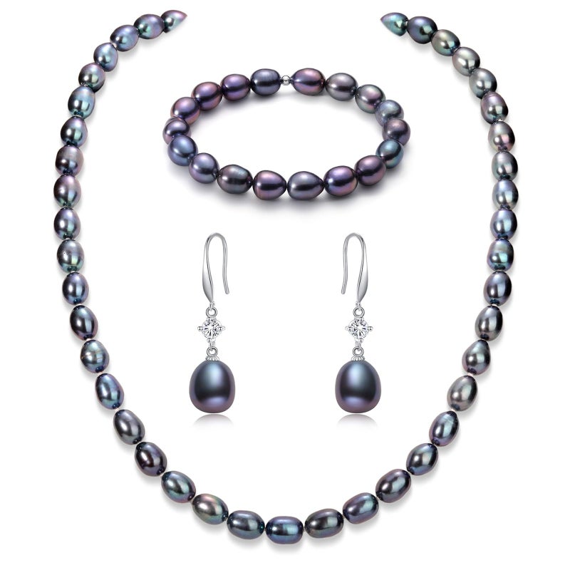 YAMI Tahitian Black Pearl Jewelry Set - Pearl Necklace Drop Earrings Bracelet with 925 Sterling Silver | 7-8mm Elegant Mother's Day Jewelry Gift for Women | Valentine's Day Birthday Anniversary - Image 1