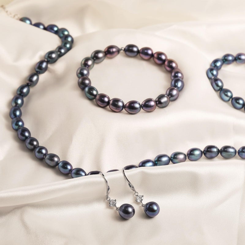 YAMI Tahitian Black Pearl Jewelry Set - Pearl Necklace Drop Earrings Bracelet with 925 Sterling Silver | 7-8mm Elegant Mother's Day Jewelry Gift for Women | Valentine's Day Birthday Anniversary - Image 3