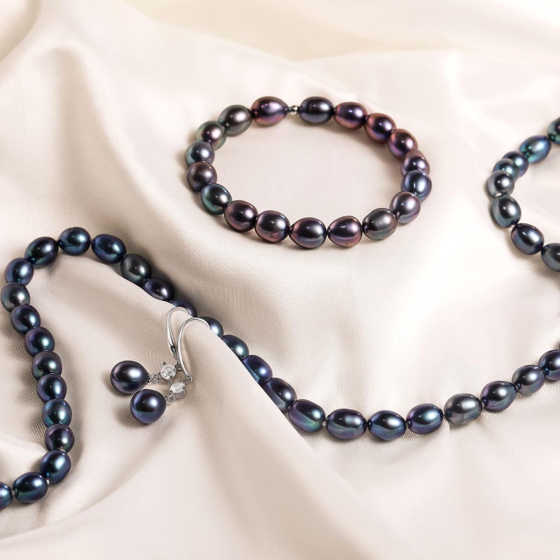 YAMI Tahitian Black Pearl Jewelry Set - Pearl Necklace Drop Earrings Bracelet with 925 Sterling Silver | 7-8mm Elegant Mother's Day Jewelry Gift for Women | Valentine's Day Birthday Anniversary - Image 4