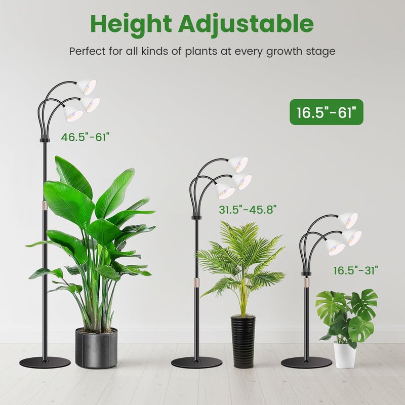 Wolezek Grow Lights for Indoor Plants with Stand, 3-Head 78 LEDs Full Spectrum Floor Plant Grow Lamp for Large Plants, Auto On/Off Timer 6/12/16H, 5 Dimmable Levels, Adjustable Height 16.5"-61" - Image 4