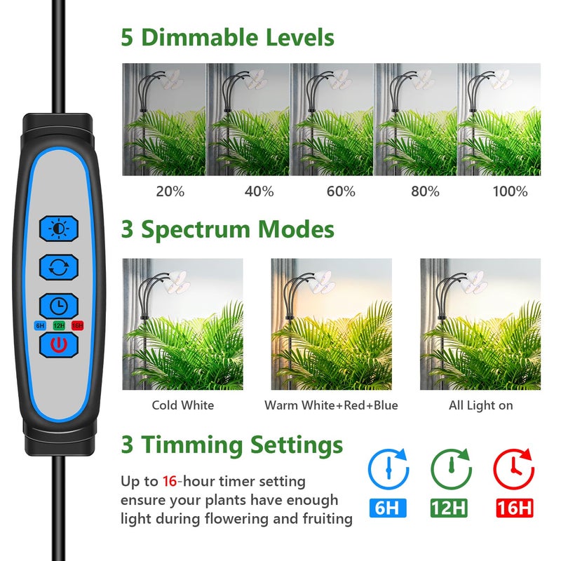Wolezek Grow Lights for Indoor Plants with Stand, 3-Head 78 LEDs Full Spectrum Floor Plant Grow Lamp for Large Plants, Auto On/Off Timer 6/12/16H, 5 Dimmable Levels, Adjustable Height 16.5"-61" - Image 3