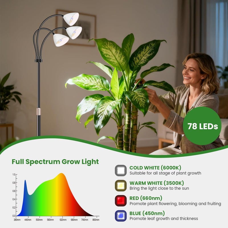 Wolezek Grow Lights for Indoor Plants with Stand, 3-Head 78 LEDs Full Spectrum Floor Plant Grow Lamp for Large Plants, Auto On/Off Timer 6/12/16H, 5 Dimmable Levels, Adjustable Height 16.5"-61" - Image 2