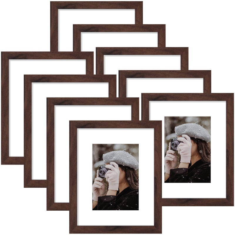 Vittanly 8x10 Picture Frame for Wall Set of 9  Display 5x7 Pictures with Mat or 8x10 without Mat  Collage Frames for Wall or Tabletop  Perfect for Home D?cor and Presents Walnut - Image 1