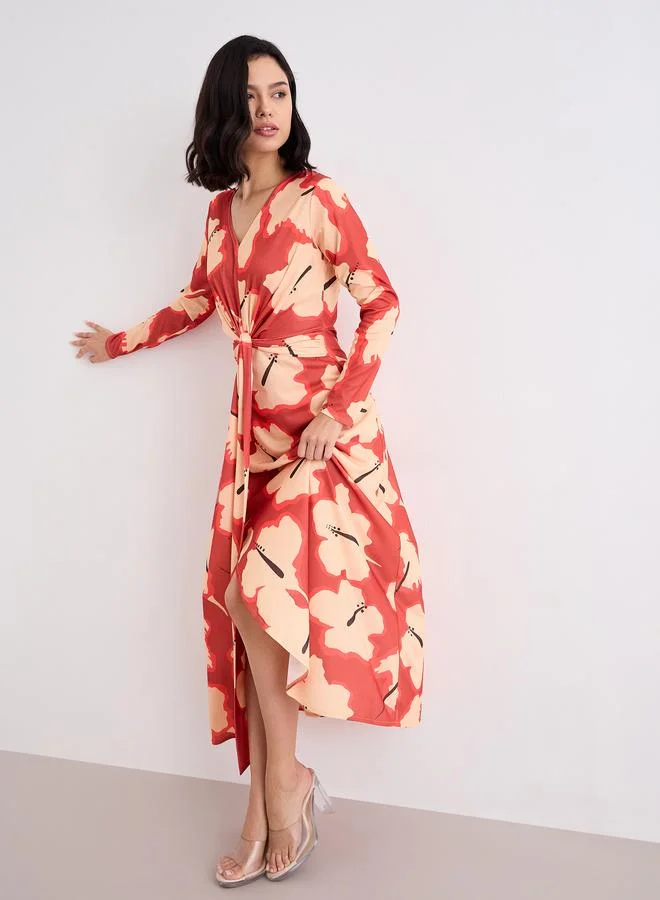 Styli Styli Orange Floral Print Wrap Maxi Dress