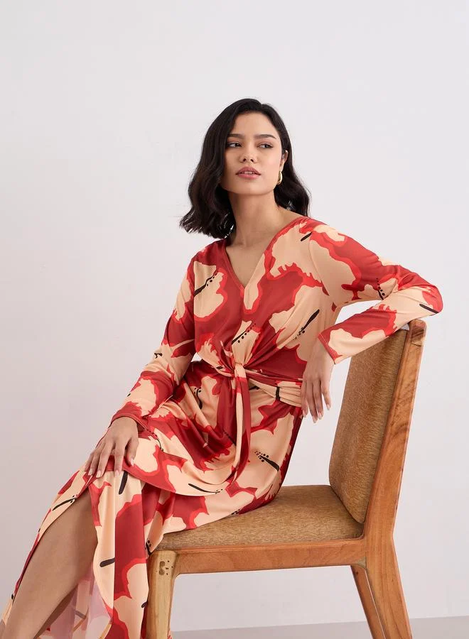 Styli Styli Orange Floral Print Wrap Maxi Dress