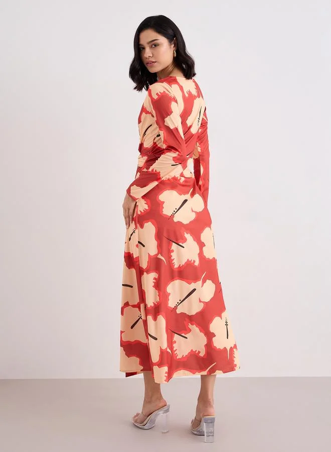 Styli Styli Orange Floral Print Wrap Maxi Dress