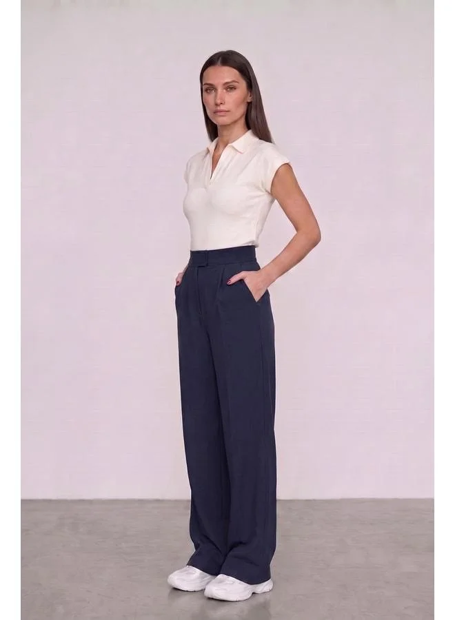 Mmetalic Women's High-Waisted Snap-Closure Elastic Waist Zipper Pocket elastane Navy Palazzo Pants.