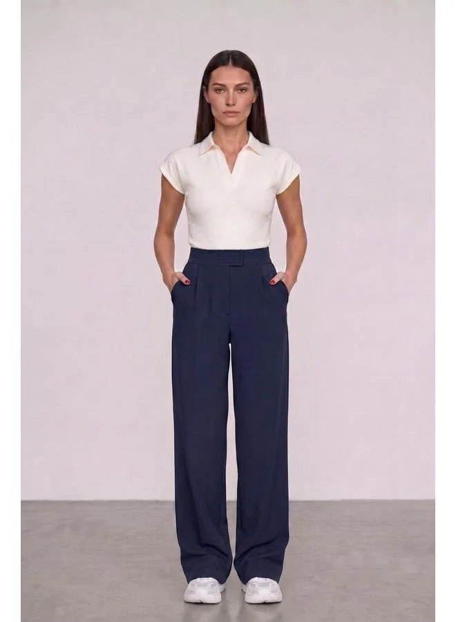 Mmetalic Women's High-Waisted Snap-Closure Elastic Waist Zipper Pocket elastane Navy Palazzo Pants.